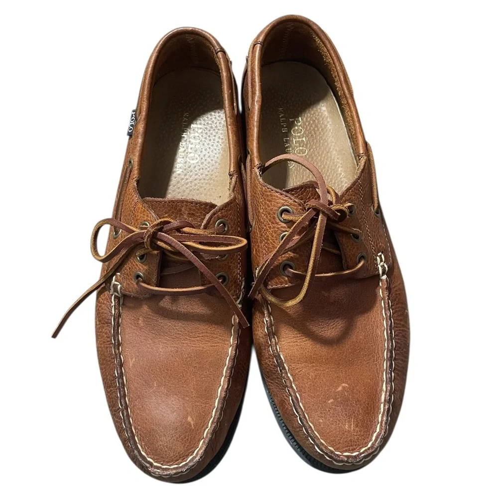 E4- Polo by Ralph Lauren Men's Tan Leather Boat Shoes 10.5D style - Bienne